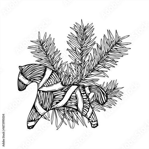 Scandinavian Christmas straw horse with ribbons among spruce branch monochrome vector outline drawing. Rustic handmade animal with pine twig for holiday cards, Nordic decor, festive packaging