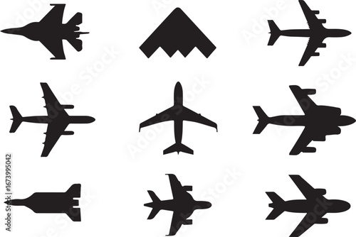 Collection of black airplane silhouettes on white background