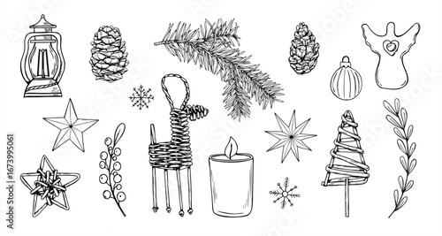 Christmas toys vector illustration clip art in Scandinavian linear style. Yule traditional wooden deer, tree, star, candle, balls, angel, lantern clip art. Xmas decoration set for holiday design