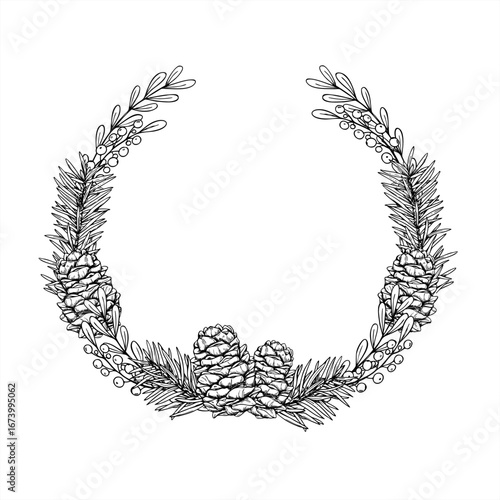 Christmas tree branches with cones monochrome vector wreath with copy space for text. Winter evergreen round frame. Holiday template with spruce twigs for greeting cards, invitations
