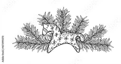 Scandinavian Christmas wooden toy horse with traditional patterns among pine twigs monochrome vector illustration. Home kid decor with Xmas tree branch for holiday cards, festive packaging