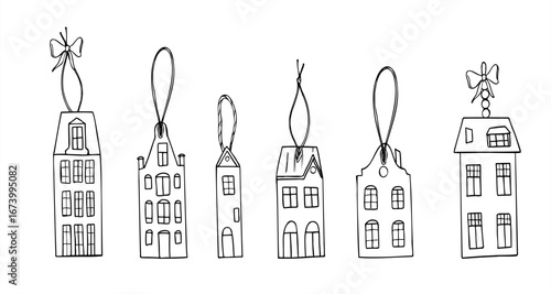 Gothic European houses as decor for Charismas tree monochrome vector set in linear style. Town silhouettes graphic sketch for vintage Xmas and New Year decor, fantasy themed design