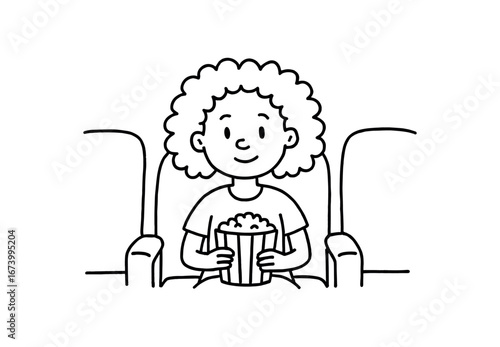 Doodle line comic style vector illustration African girl with curly hair sitting cinema watching movie black outline simple imperfect lines minimal details isolated on white