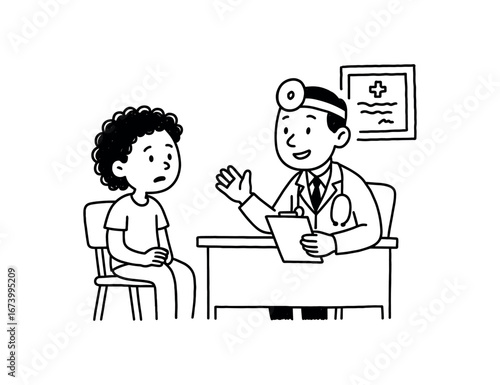Doodle line comic style vector illustration African girl with curly hair visiting doctor clinic black outline simple imperfect lines minimal details isolated on white