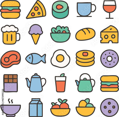 Diverse Collection of Food and Drink Icons.