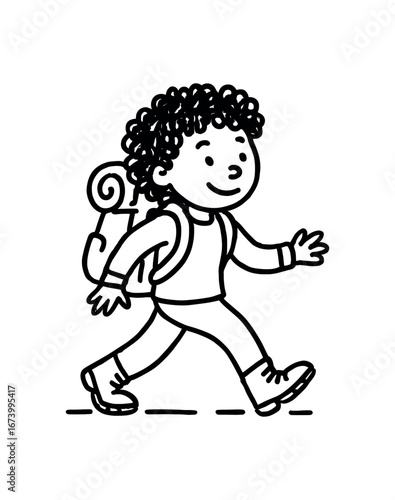 Doodle line comic style vector illustration African girl with curly hair hiking with backpack black outline simple imperfect lines minimal details isolated on white