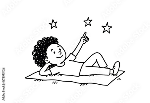 Doodle line comic style vector illustration African girl with curly hair stargazing lying on blanket black outline simple imperfect lines minimal details isolated on white