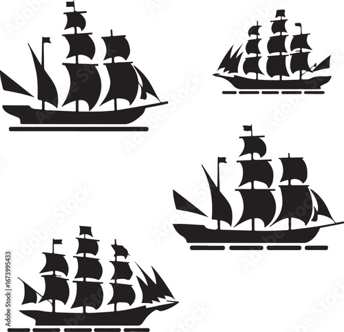 Four black silhouette sailing ships on white background