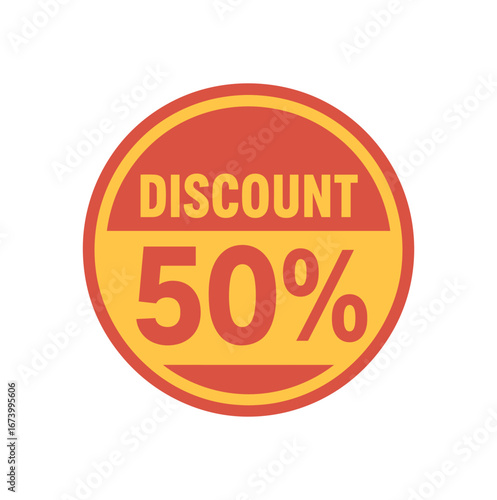 Flat vector banner design text DISCOUNT 50% bold strong font red and palette circular badge vector minimal style isolated on white