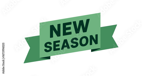 Flat vector banner design text NEW SEASON bold clean font green and black palette folded ribbon isolated on white
