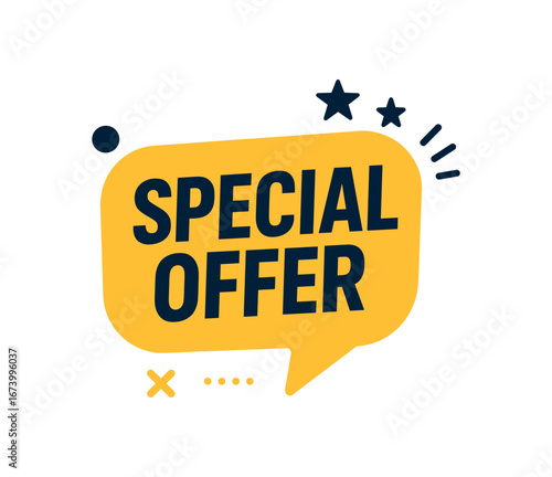 Flat vector banner design text SPECIAL OFFER bold modern font and navy palette speech bubble isolated on white