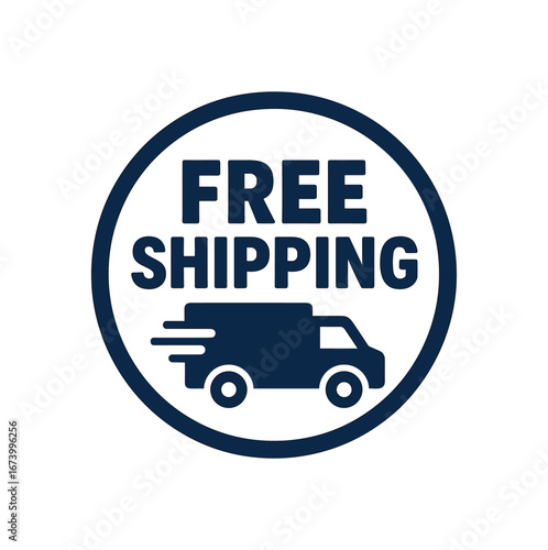 Flat vector banner design text FREE SHIPPING bold font navy and white palette circular badge isolated on white