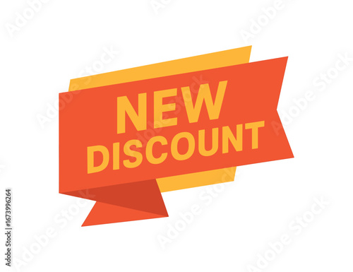 Flat vector banner design text NEW DISCOUNT bold clean font red and palette ribbon cut shape isolated on white