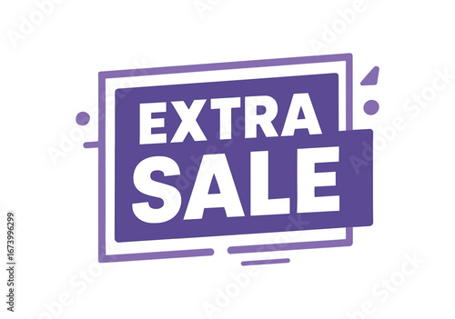 Flat vector banner design text EXTRA SALE bold font purple and white palette rectangle badge isolated on white