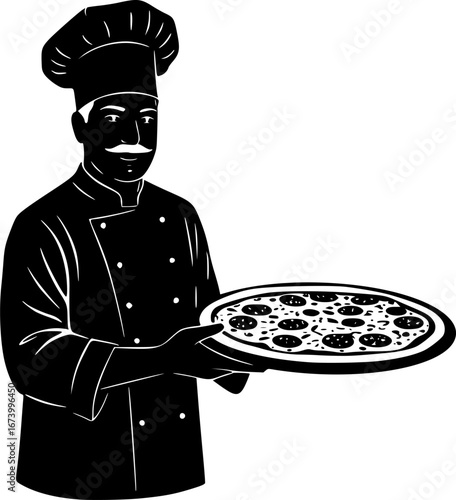 Smiling chef holding delicious pizza vector silhouette illustration isolated on white background 