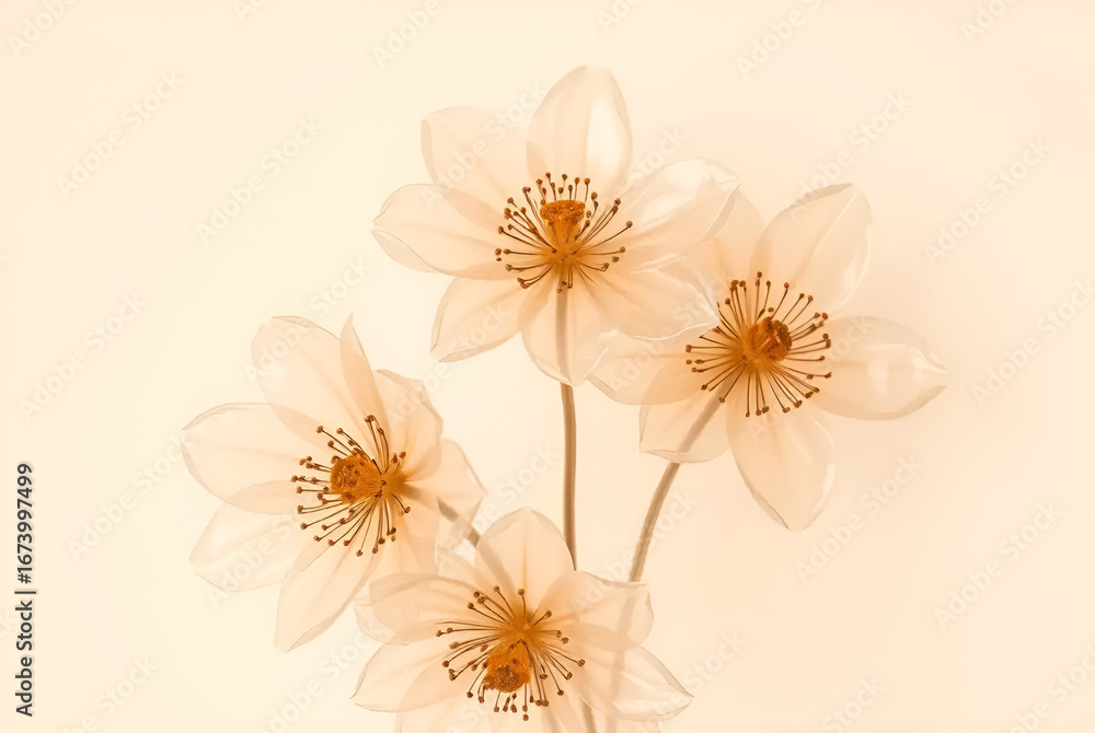 Naklejka premium Transparent beige flowers on beige background, Generative AI