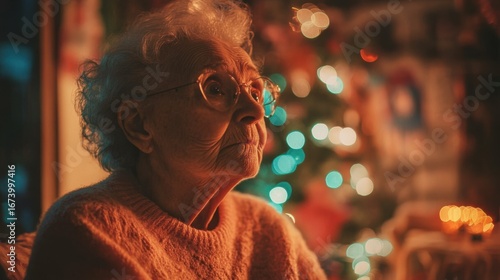 Senior woman enjoying Christmas at home, surrounded by warm tree lights.