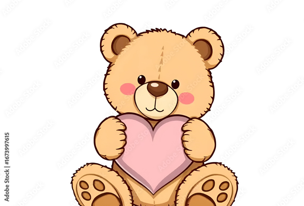 Fototapeta premium cute teddy sitting and holding a heart on white background, Generative AI