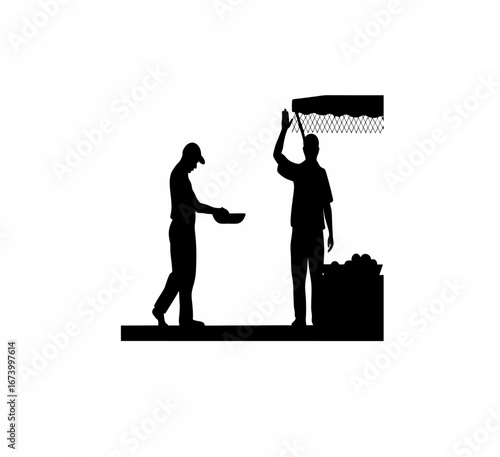 Inspector stopping vendor selling spoiled fruits silhouette isolated on white background