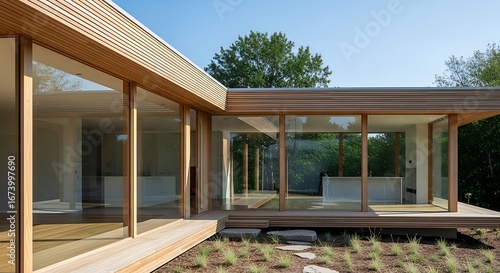 Modern residence architectural design featuring wood and glass facade