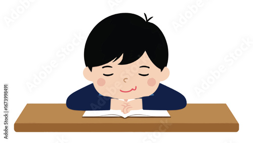 Simple Flat Style Boy Studying Reading Book at Desk Illustration
