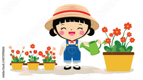 Cute Cartoon Style Little Girl Gardening with Watering Can Illustration