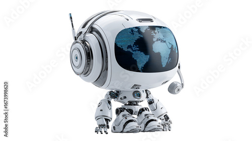 Cute white robot with headset displays world map global technology