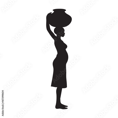 silhouette black of an woman balancing a large pot or vase on her head on white