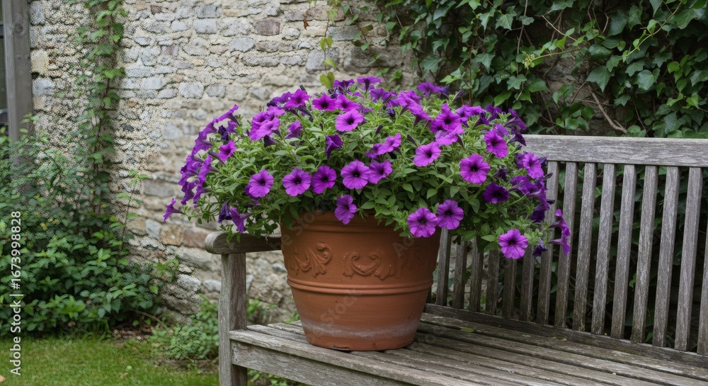 Obraz premium Purple Petunia Paradise Blooms Spill From Pot on Weathered Bench in Garden.