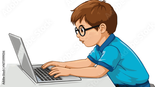 Cartoon Style Illustration of Concentrated Boy Using Laptop for Study