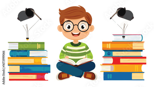 Cartoonish Cheerful Boy Sitting Cross Legged Reading Book with Lamps and Books Education