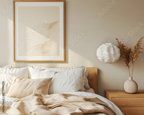 Serene Beige Bedroom Interior Design with Abstract Wall Art