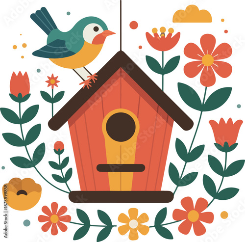 Birds in a nest on a tree in a garden with birdhouse and flowers