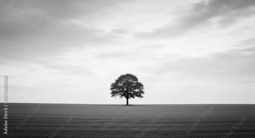 Obraz premium Lonely Tree in a Vast Field Under a Cloudy Sky