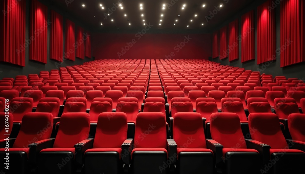 Fototapeta premium Rows of empty red seats fill theatre auditorium, with stage lighting casting shadows across plush velvet. Red curtains drape walls, creating dramatic atmosphere for performances, concerts, film