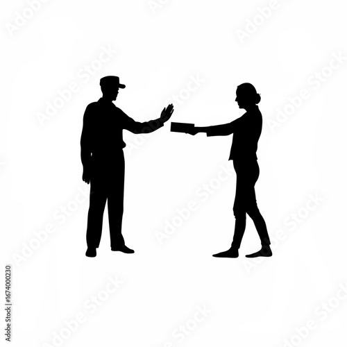 Customs inspector rejecting unsafe imported goods silhouette isolated on white background