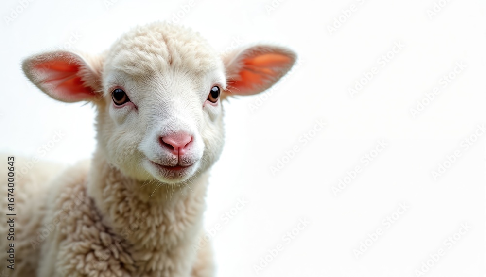 Fototapeta premium Adorable white lamb portrait against clean white background. Fluffy woolly baby mammal embodies innocence, purity. Gentle farm animal closeup soft fur, sweet face. Peaceful spring scene represents