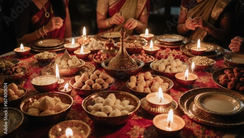 Lavish Diwali Festival Feast Table with Sweets Snacks and Oil Lamps. India