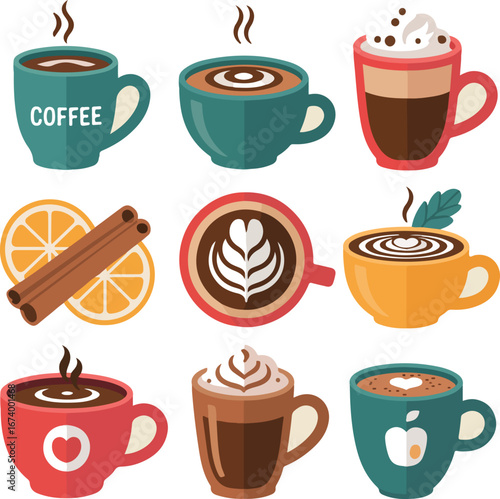 Coffee cups and coffee beans set illustration