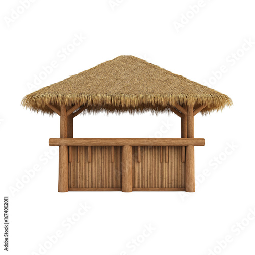  wooden tiki bar with thatched roof, on a white background.  