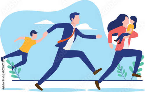 Parenthood stress - Parents with kids running in a hurry and with stressful little time. Flat design vector illustration with white background