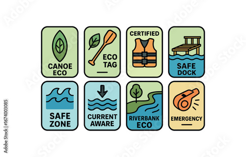colored vector illustration icon  safety or eco labels flat fills with outlines canoe eco label paddle eco tag certified life jacket safe dock access tag wave safe zone label