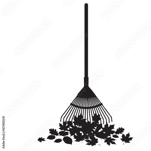 Black Silhouette of a Rake Gathering a Pile of Fallen Leaves