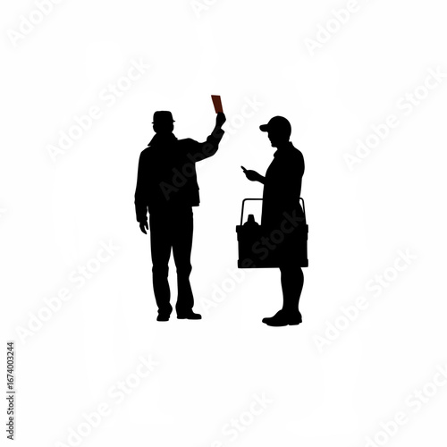 Inspector showing a warning notice to a street vendor silhouette isolated on white background
