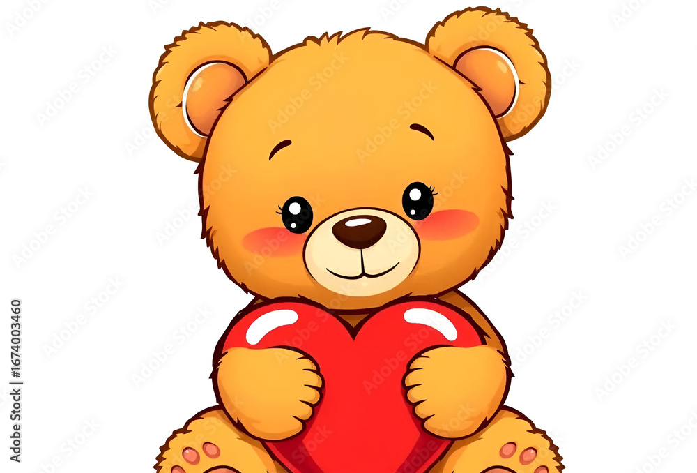 Fototapeta premium cute teddy sitting and holding a heart on white background, Generative AI