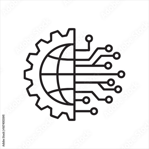 Flat vector line icon with bold outline, depicting half a gear combined with a globe in the center