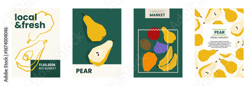 Fresh pear illustration. Simple posters with organic fruits for farmers market advertising. Vector templates with copyspace. Set of harvested food in minimal hand drawn and flat style.