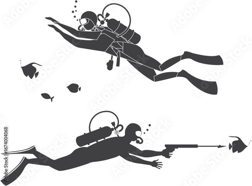 Set of Scuba Diver Silhouettes on White Background