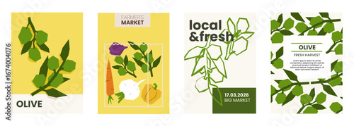 Fresh olives on a branch illustration. Simple posters with olive  for farmers market advertising. Vector templates with copyspace. Set of harvested spices in minimal hand drawn and flat style.