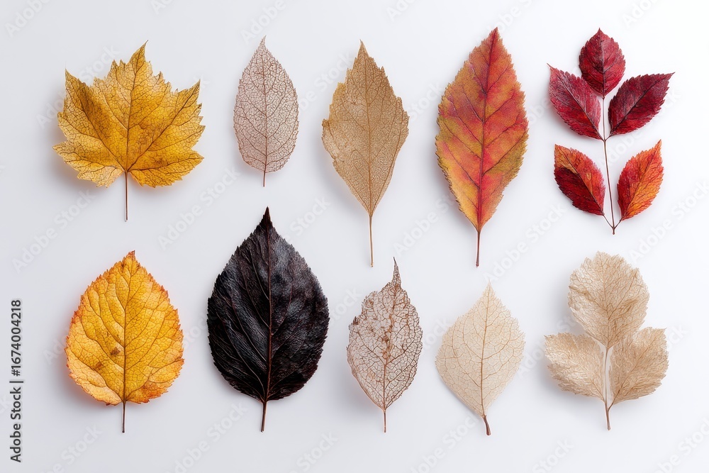 Fototapeta premium Autumn leaf collection, flat lay, white background, seasonal design